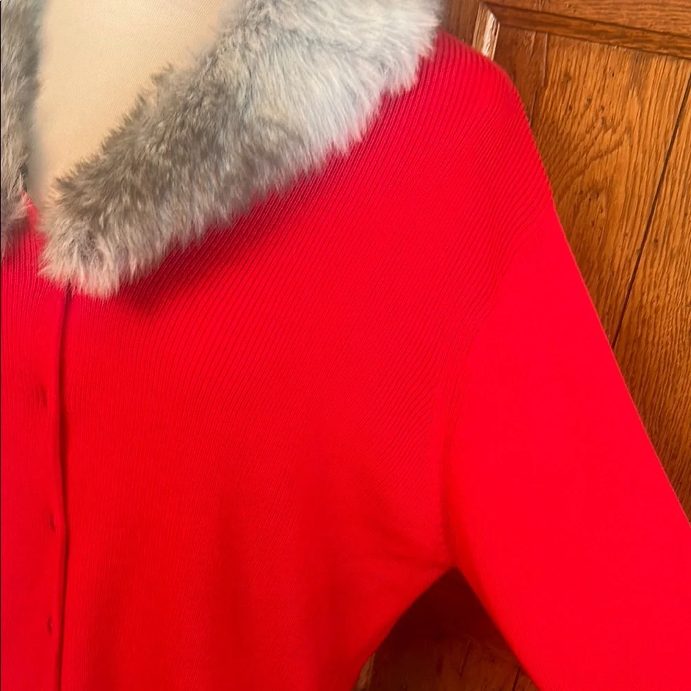 NWT❤️KIKIT Vintage Red Cardigan Detachable Faux Fur Collar Size Large